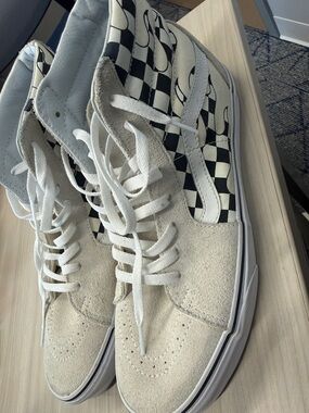 Vans High-Top Sneakers in Cream and Black Checkerboard